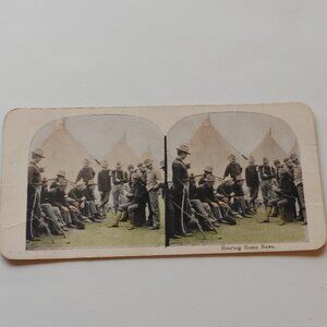 Antique Stereograph Card "Hearing Home News" Made in USA Colour Card
